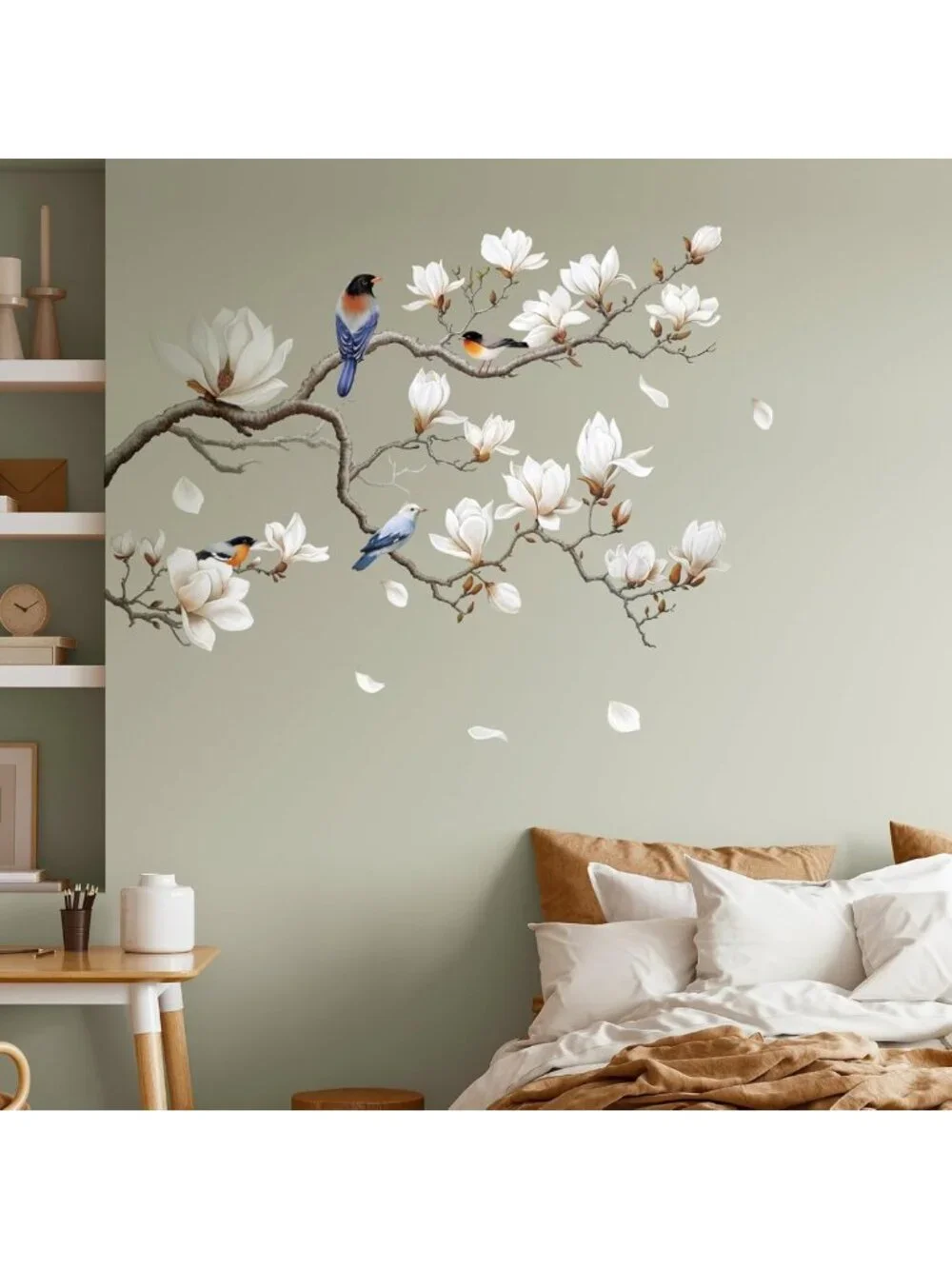 Peel and Stick White Magnolia Tree Wall Decals - Floral Corner Wall Art Stickers